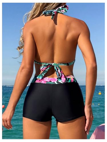 MakeMeChic Women's 2 Piece Bikini Sets Tropical Print Halter Tie Back Summer Bathing Suit3