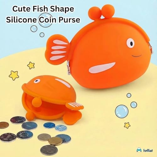 Image of FunBlast Cute Fish Shape Silicone Coin Purse for Kids & Adults - Mini Pouch for Coins, Earphones, Keys & Small Essentials, Aesthetic Pouches for Girls & Women - 12 X 9.5 X 3 Cm (Orange)