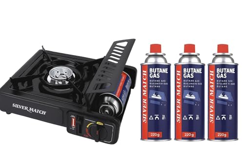 Silver Match Hornillo Camping Gas Portátil con 3 Botellas de Gas Butano de 220g