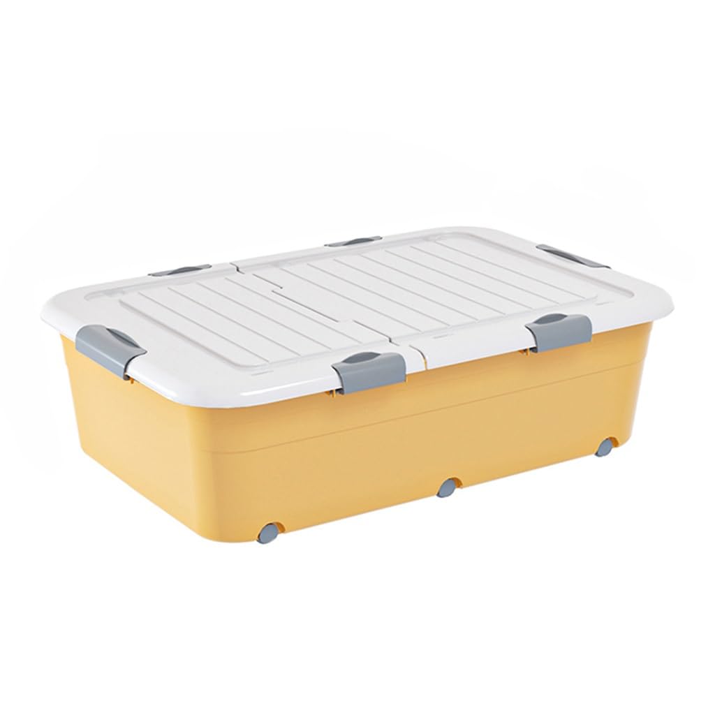 Boîte de rangement plastique jaune sous lit avec couvercle et bac empilable sur roulettes placard