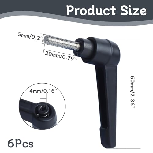 Image of Clamping Lever Handles with Quick Release Push Button Locking, 304 Stainless Steel M5 x 20mm Stud - Black (6 Pack)