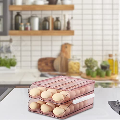 Rubtlamp Clear Pink Egg Container For Refrigerator, Egg Holder Organizer With Lid, Auto Rolling Egg Holder, Large Capacity 36 Count Egg Dispenser Storage, Egg Holder For Refrigerator(2-Layer) #TOP5
