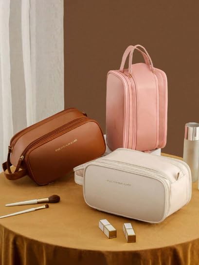 Image of Deluxe Double-Layer Travel Makeup Bag with Brush Organizer and Hanging Hook - Large Capacity for Creams, Cosmetics, and Essentials - Perfect for Women & Girls