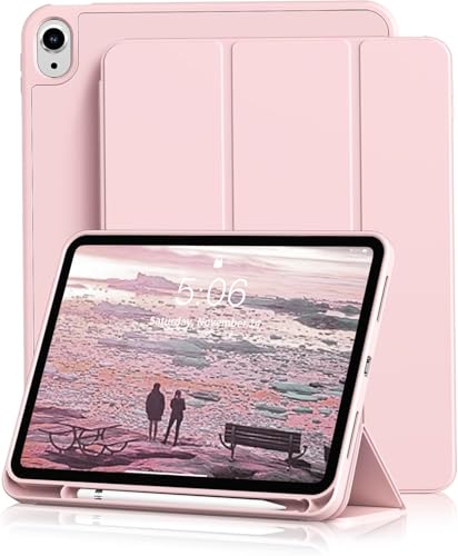Kenke for iPad 11/10th Gen Case with Pencil Holder 11/10.9 inch 2025 A16/2022, Soft TPU Back Shell Hybrid Slim Trifold Stand Protective Cover Support Touch ID Auto Wake/Sleep (Pink)