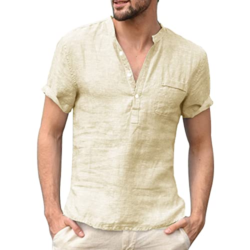 Niwicee Camisa Casual de Hombre Manga Corta Henley Shirt Camisetas de Playa Informales Cuello en V de Botones Top Verano Blusa de Slim Fit Recta de Color Sólido con Bolsillo(Khaki,M)