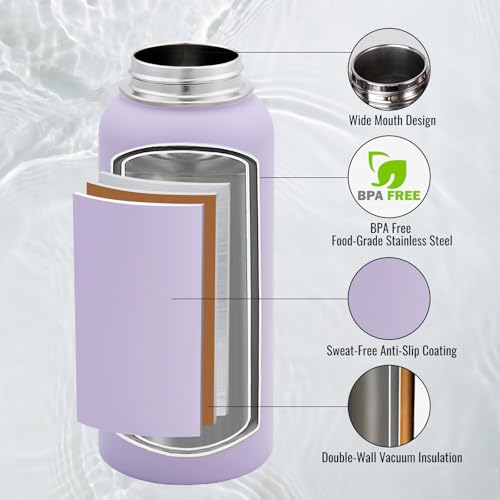 Image of Fijinhom Insulated Water Bottle with Handle, 304 Stainless Steel Water Bottles with Wide Mouth, Double Wall Vacuum Sports Water Bottle, BPA Free, Keep Cold and Hot, 32 Ounces Purple