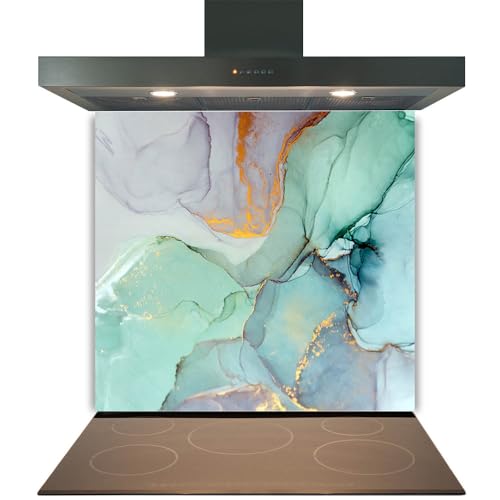 Image of Glass Kitchen Splashback Panel – 6mm Toughened Heat-Resistant Tempered Glass Cooker Hob Backsplash with Polished Edges | 60cm (w) x 40cm (h) | Gold Aqua Design No.2046