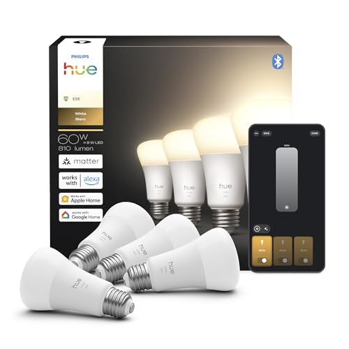 Philips Hue Lâmpada LED inteligente A19, branca quente 2700K, base E26, 9W, 810 lúmens, regulável, funciona com Alexa, Google Assistant e Apple Home, pacote com 4