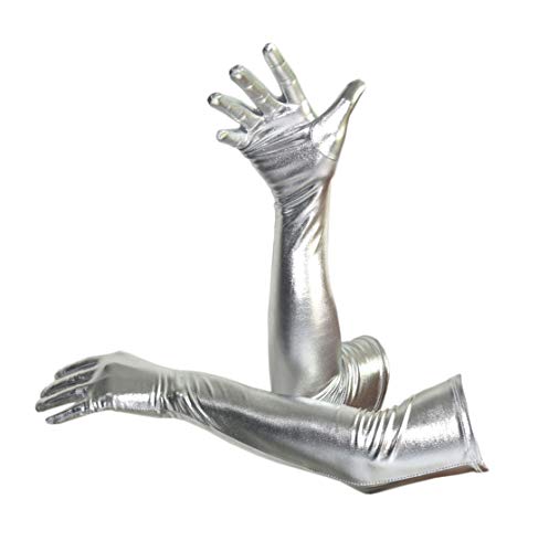 Seeksmile Unisex Shiny Metallic Spandex Gloves Adult Long Halloween Christmas Costume Hand Glove (36 CM/14 inches Silver)