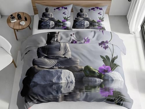 SKOEUI Housse de Couette Chaude Statue Bouddhiste Zen House de Couette Imprimée Parure de Lit Microfibre 140x200cm Literie et Taies d'oreiller avec Fermeture...