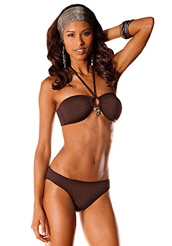 JETTE Damen Bandeau Neckholder Bikini Perlmutt Anhänger (Cup A/B) (Braun, 36)
