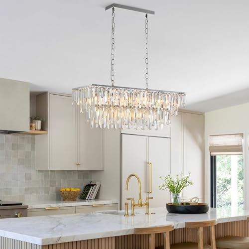 Modern Chrome Rectangle Crystal Chandelier: 2-Tier 31.5" Contemporary Rectangular Dining Room Light Fixture For Living Room Kitchen Island - Silver Linear Adjustable Pendant Lighting For High Ceilings by HONIEGG - Used condition - Image 7