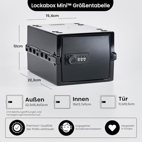 Lockabox Mini™ | Kleine abschließbare Box mit Zahlenschloss (A5-Größe) | Mini-Aufbewahrungsbox für kleine Medikamente, Snacks & Mobiltelefone | Außenmaße 22,3 x 15,4 x 12 cm (Jet)