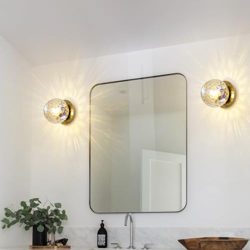 Image of Modern Gold Globe Wall Sconce,Single Light with Stained Glass Shade | 6 inch Minimalist Spherical Vanity Sconces,Contemporary Small Brass Ball Lights Fixture for Entryway Bedside Bathroom,E26 Base