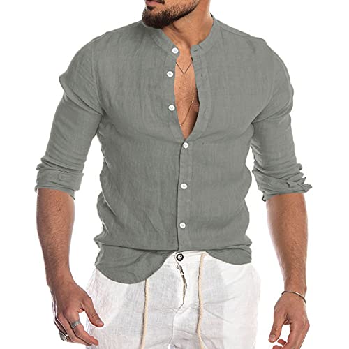 Mens Causal Linen Dress Shirts Long Sleeve Button Down White Shirt Big and Tall Business Workwear Regular Fit Tops
