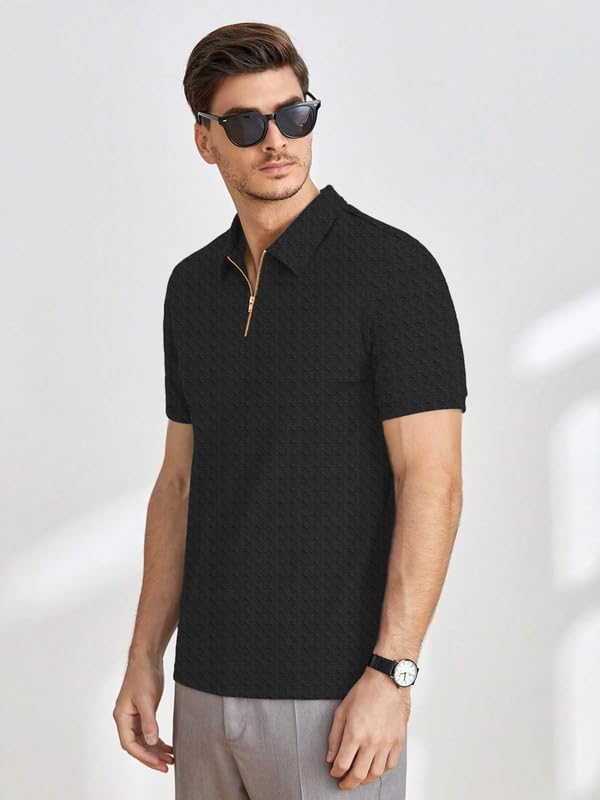 Image of KAJARU Men's Polyster Blend Regular Fit T-Shirt with Half Sleeve Chain Polo Collar V-Neck Standard Length and Classic Style
