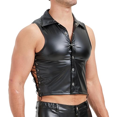 Men's Faux Leather Vest Tank Top Shirt Sleeveless Shirt Wet Look Undershirt Round Neck Shirt Nightwear2