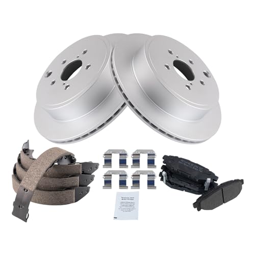 Image of TRQ Rear Brake Pad and Rotor Set Semi Metallic G Coated Rotors Parking Brake Shoe Compatible with 2013-2014 Subaru Legacy 3.6R Limited 3.6R