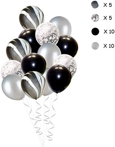 Black and Silver Birthday Decorations - Black White Confetti Marble Balloons Set, Happy Birthday Banner, Paper Pom Poms for 18th 21st 30th Birthday Party