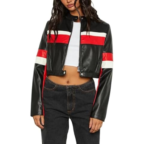 VOIKERDR Cropped Jacket Women Black Faux Leather Jacket Trendy Zip Up Motorcycle Jackets Outerwear Y2K Clothes Cover