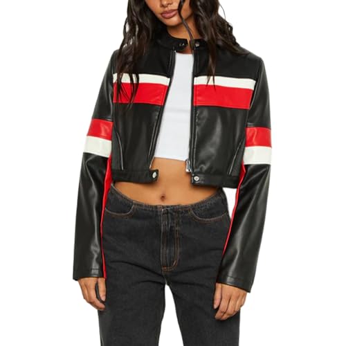 VOIKERDR Cropped Jacket Women Black Faux Leather Jacket Trendy Zip Up Motorcycle Jackets Outerwear Y2K Clothes