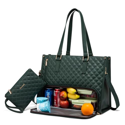 LOVEVOOK Lunch Tote Bag for Women, 15.6 Inch Laptop Bag with Insulated Lunch Compartment, Quilted Large Capacity Computer Handbag with Purse for Business, Work, Nurse, Collage, Office, Casual, Green