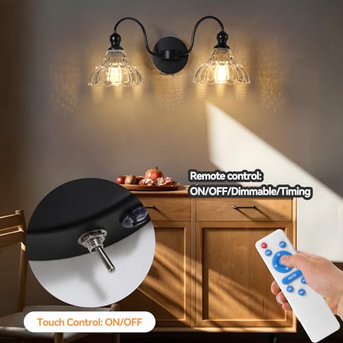 Image of camuucci Battery Bathroom Light Fixtures 10000mAh Rechargeable 2-Light Black Modern Vanity Lights Indoor Not Hardwired with Remote Control Wall Sconce for Mirror Living Room Bedroom(Bulbs Included)