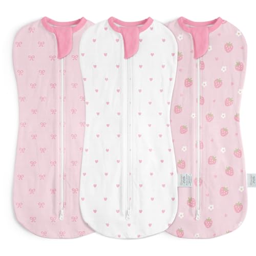 Image of Baby Swaddle 0-2 Months, Cotton Arm-In Zipper Sleep Sack, Wearable Blankets Wrap for Newborn Infant Girls (Bow, Heart, Strawberry, Pack of 3)