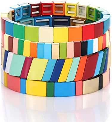 Colorful Enamel Tile Bracelet for Women Rainbow Color-Block Tile Beaded Strand Bracelet Colorful Enameled Stretch Bracelet Bohemian Tile Bangle Bracelet Set for Men (rainbow candy style)
