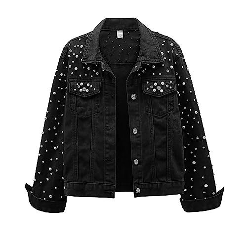 LifeShe Women's Pearls Denim Jacket Cropped Rhinestones Jean Jacket Coat