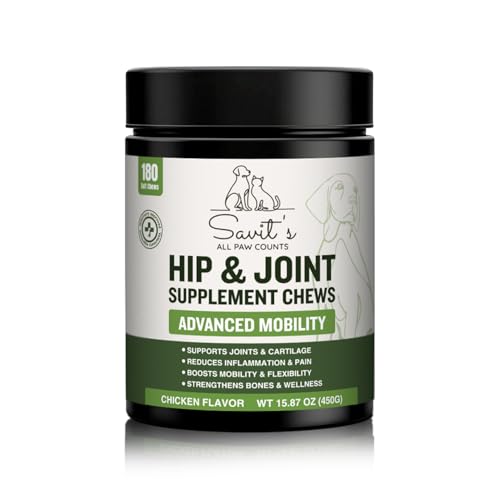 Savit's Dog Hip and Joint Supplement Chews - Dog Joint Supplement for Mobility - Canine Hip Support Pain Relief Supplements with Glucosamine, Turmeric, Chondroitin - Chicken Flavored - 180 Soft Chews