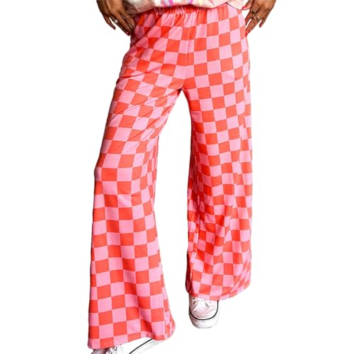 Women Y2K Plaid Wide Leg Pants Casual Elastic Waist Checkered Pants Streetwear Loose Lounge Trousers with Pockets
