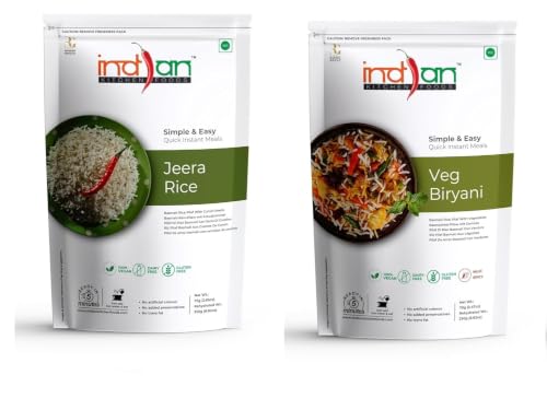 Image of Indian Kitchen Foods Freeze Dried Gluten-Free Ready to Eat Food | Instant Vegetarian /Vegan Meal - Rice Combo (Jeera Rice and Veg. Biryani), Pack of 2