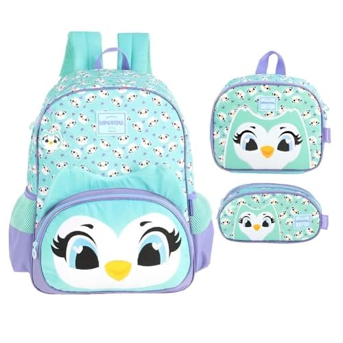 Kit Mochila De Costas Coruja Verde +Lancheira +Estojo Triplo