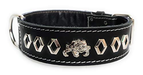M&D - Collare per cani in pelle, larghezza 3,8 cm, con motivo decorativo e distintivo inglese e britannico Bulldog (medio: 45,7 - 55,9 cm, nero)