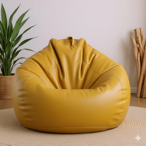 Image of 5XL Faux Leather Bean Bag Chair with Footrest & Cushion | Filled with High Density Polystyrene Beans | Premium Soft Fabric | 6 Months Warranty | Ready to Use Color- (Yellow, Without Footrest)