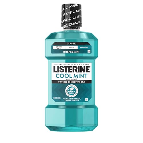 Listerine Mouthwash Cool Mint Antiseptic Treatment for Adults Kills 99.9% of Germs that Cause Bad Breath Plaque Gingivitis in a Daily Intense Mint Mouthwash, 33.8 fl oz/1 L