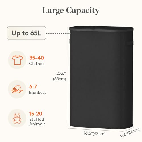 Image of Lifewit Slim Laundry Basket with Lid, Narrow Large Laundry Hamper with Plastic Handles and Removable Bag, Tall Foldable Dirty Clothes Hampers for Laundry Room, Bedroom, Bathroom, Dorm, 65L Black