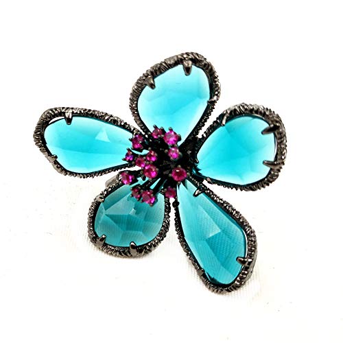 Image of Designer Antique Silver Framed Hot Pink Pistil Turquoise Blue Rhinestone Flower Brooch Pin for Women Fashion