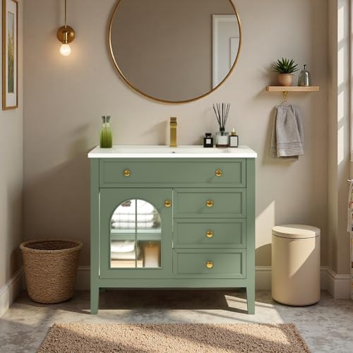 Trygoal 36" Bathroom Vanity with Sink, Freestanding Bath Vanity Set with Motion Sensor Light & Patterned Glass Door, Modern Bathroom Storage Cabinet with Flip-Top Drawer, 2 Drawers & Cabinet, Green