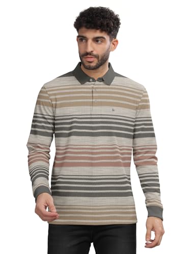 Image of BULLMER Striped Textured Printed Polo Neck Fullsleeve T-Shirt with Rib for Men