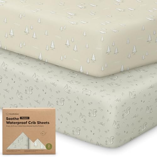 Image of 2-Pack Waterproof Crib Sheets for Boys, Girls - 52x28 Fitted Organic Cotton Baby Crib Sheets, Toddler Mattress Protector Cover, Washable, Soft & Durable Baby Bedding Essentials(Pine Grove)