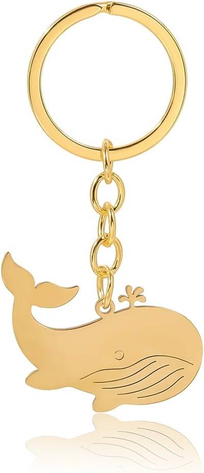 Beebeecraft 6Pcs Whale Keychain 18K Gold Plated Stainless Steel Metal Sea Animal Ocean Key Ring Flat for Bag Charm