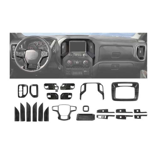 JeCar 24pcs Black Wood Grain Interior Accessories Trim Kit for 2019-2021 Chevrolet Silverado - Dashboard, Window Switch, Door Handle Panel Decoration Upgrade