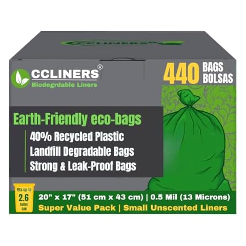 2.6 Gallon Biodegradable Small Bathroom Trash Bags (440 Count) Eco-friendly Green Bathroom Garbage Bags Made with EPI Degrade Faster fits 2 Gallon 3 Gallon Trash Can for Home Kitchen Office (440 Bags) Cover