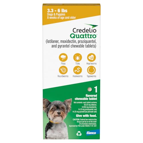 Credelio Quattro Dog Flea & Tick Treatment + Heartworm & Parasite Protection, 3.3-6 lbs (1 Chewable Tablet)