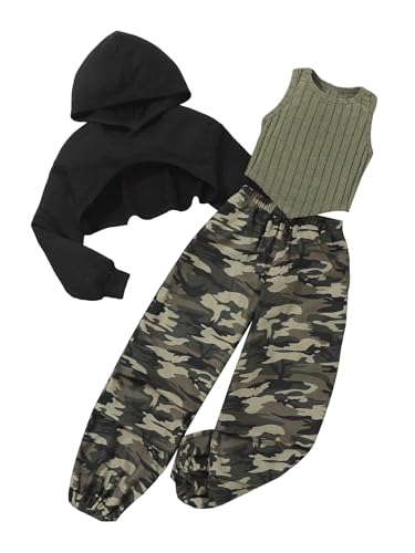 Image of Floerns Girl's 3 Piece Outfit Asymmetrical Hoodie with Tank Top Camo Print Pants Set