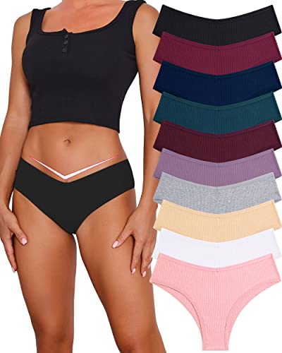 CuteByte 10 Pack Womens Cotton Underwear Sexy Stretch V-Waist Ladies Panties Low Rise Cotton Cheeky Hipster S-XXL