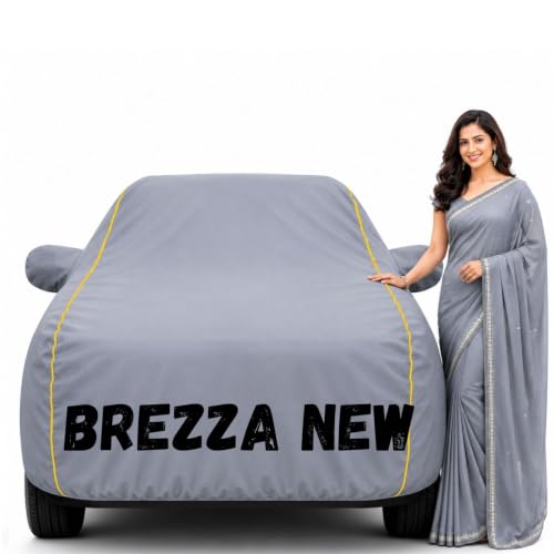 Image of Waterproof Car Body Cover for Brezza New All Weather Protection Comes with Inner Cotton Lining & Triple Stitched with Mirror & Antenna Pocket Belt & Elastic Fit Grey with Yellow Piping2