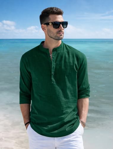 Image of Men's Cotton Blend Straight Kurta Shirt with Mandarin Collar - Slim Fit Casual Short Kurti Featuring Textured Slub Fabric and Roll-Up Full Sleeves